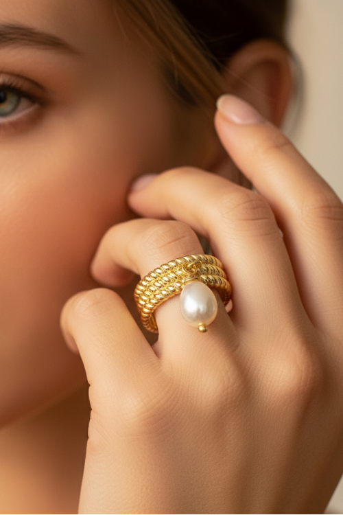 Altın Kaplama Damla İnci Yüzük