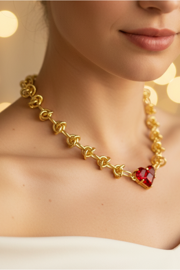 Modern Zincirli Yakut Kalpli Altın Kolye