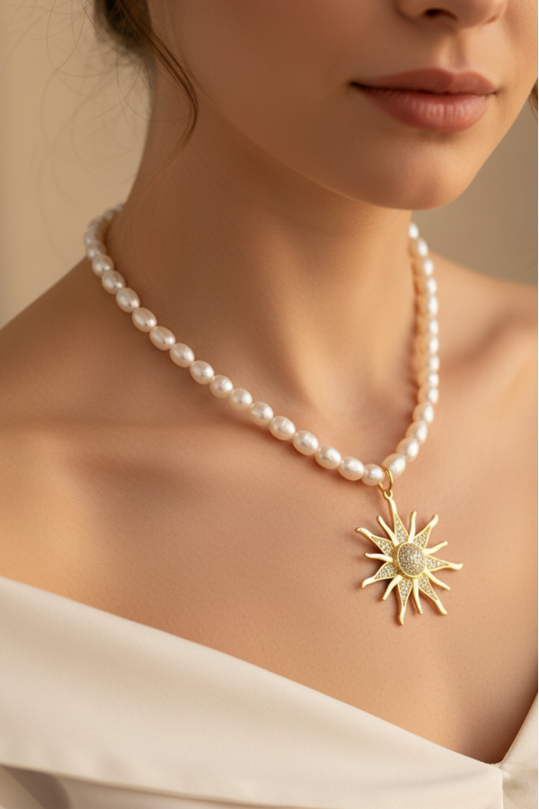Golden Güneş Işıltısı İnci Kolye